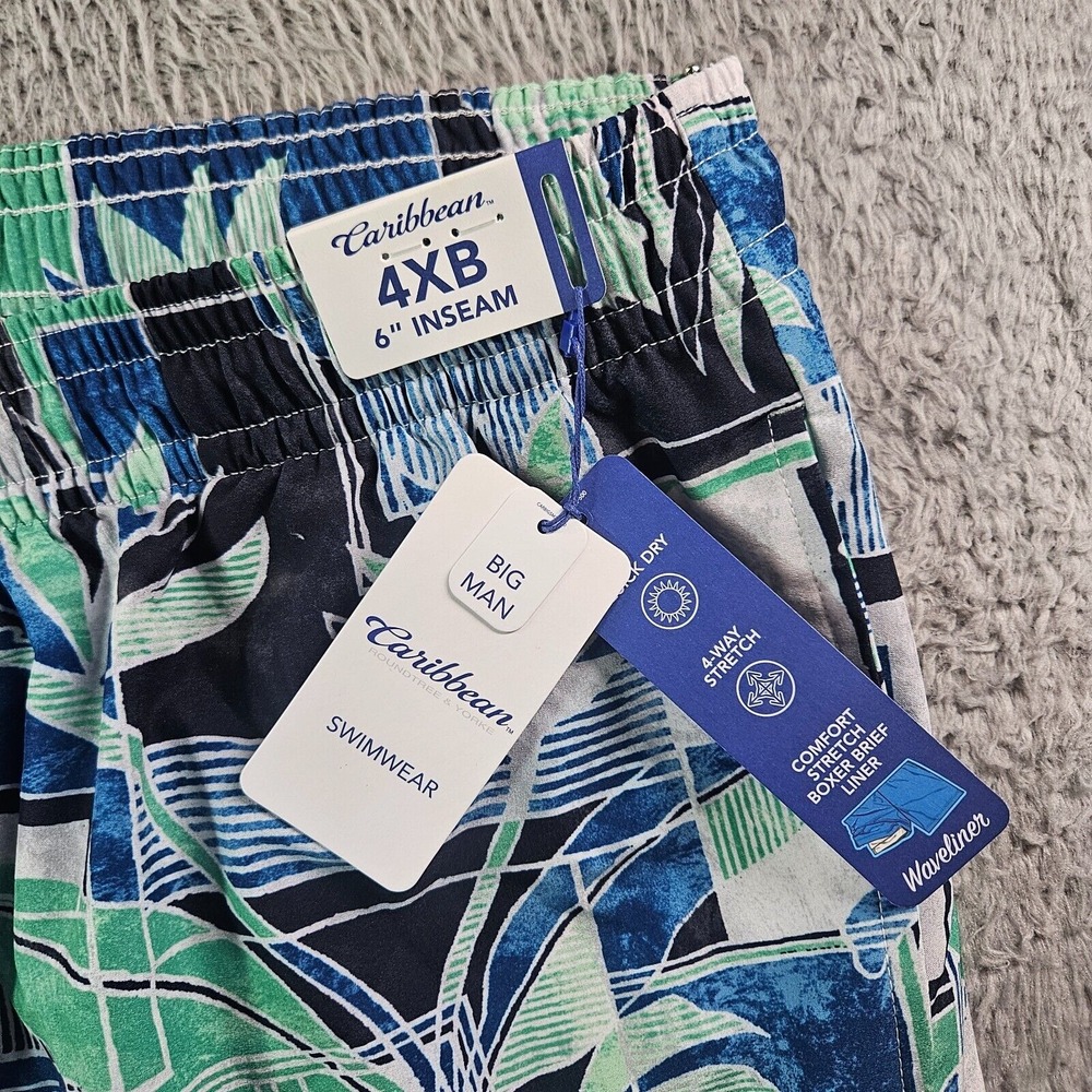 NWT Caribbean Swim Shorts Trunks Men's 4XB Lined Zip Pocket Leaf Geometric Print